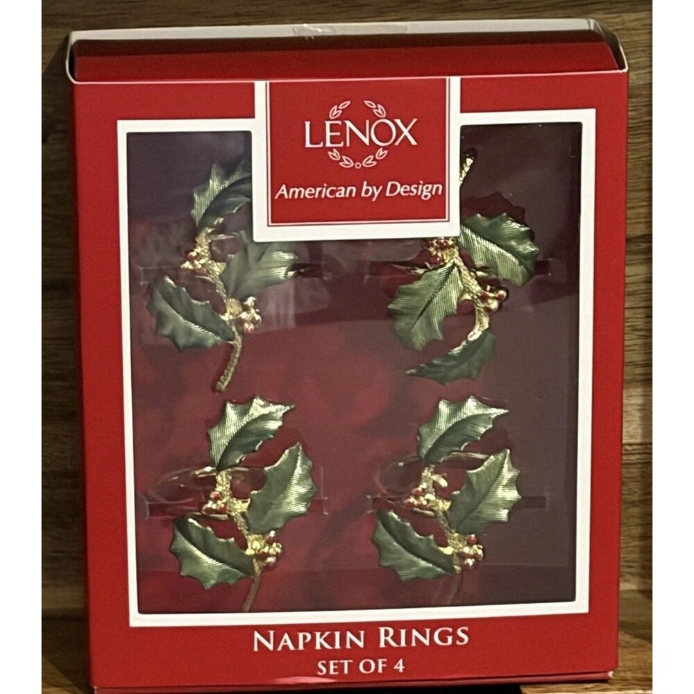 LENOX Holly Leaves & Berries Christmas Metal Napkin Rings(4) #7156 NEW IN BOX